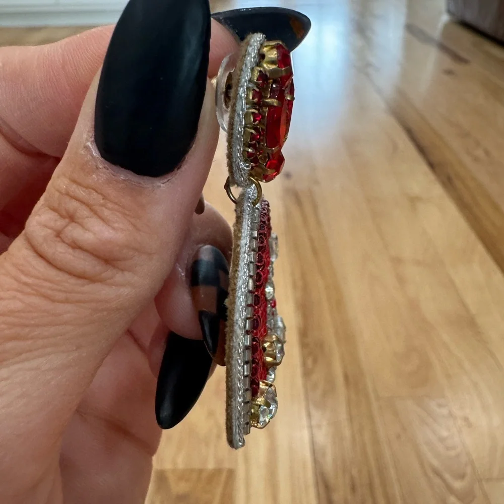 Taylor Shaye Red and Silver Beaded Football Helmet Earrings worn 1x - Picture 4 of 7